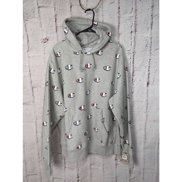 Champion Logo All Over Reverse Weave Hoodie Sweatshirt Gray XL Extra Large New R - Picture 1 of 7